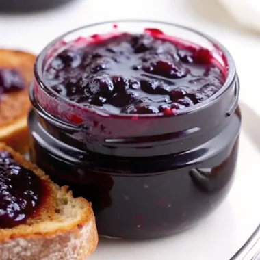 Homemade mulberry jam recipe in glass jar with fresh bread slices, showing dark purple preserve with whole mulberries