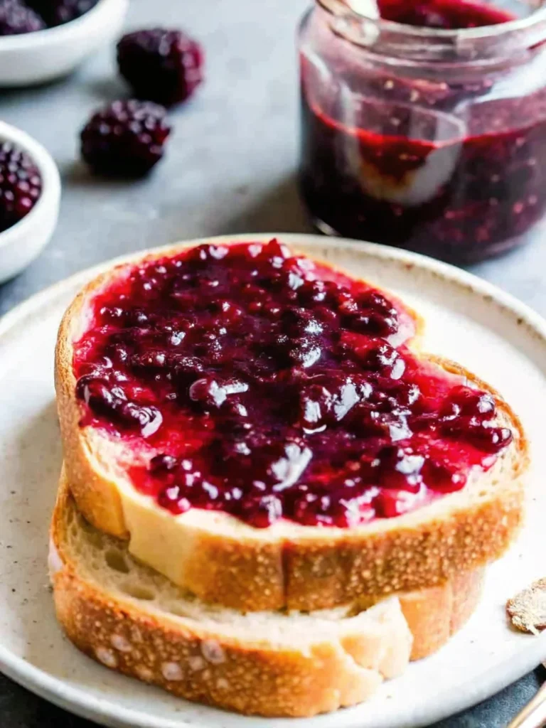 This image showcases a jar of homemade blackberry jam, bursting with rich color and fresh blackberry flavor. Featured with whole blackberries and lemon halves, this easy jam recipe captures the essence of fruit preserves using natural ingredients. Ideal for spreading on toast, swirling into yogurt, or gifting to friends, this classic jam recipe is a must-try for anyone who loves making homemade jams and fruit preserves.