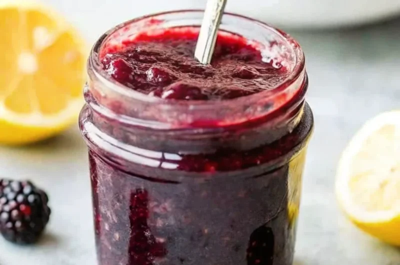 A glass jar filled with homemade blackberry jam, surrounded by fresh blackberries and lemon halves—perfect for easy jam recipes and fruit preserves.