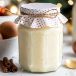 Homemade christmas jam in glass jar with polka dot fabric cover, surrounded by fresh eggs, cinnamon sticks and holiday ornaments on white background