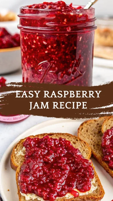 Homemade raspberry jam in a mason jar with spoon on a marble countertop