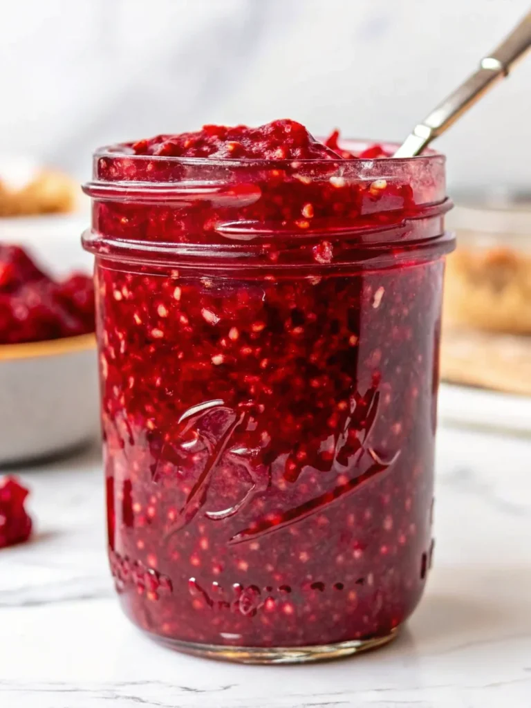 Homemade raspberry jam in a mason jar with spoon on a marble countertop