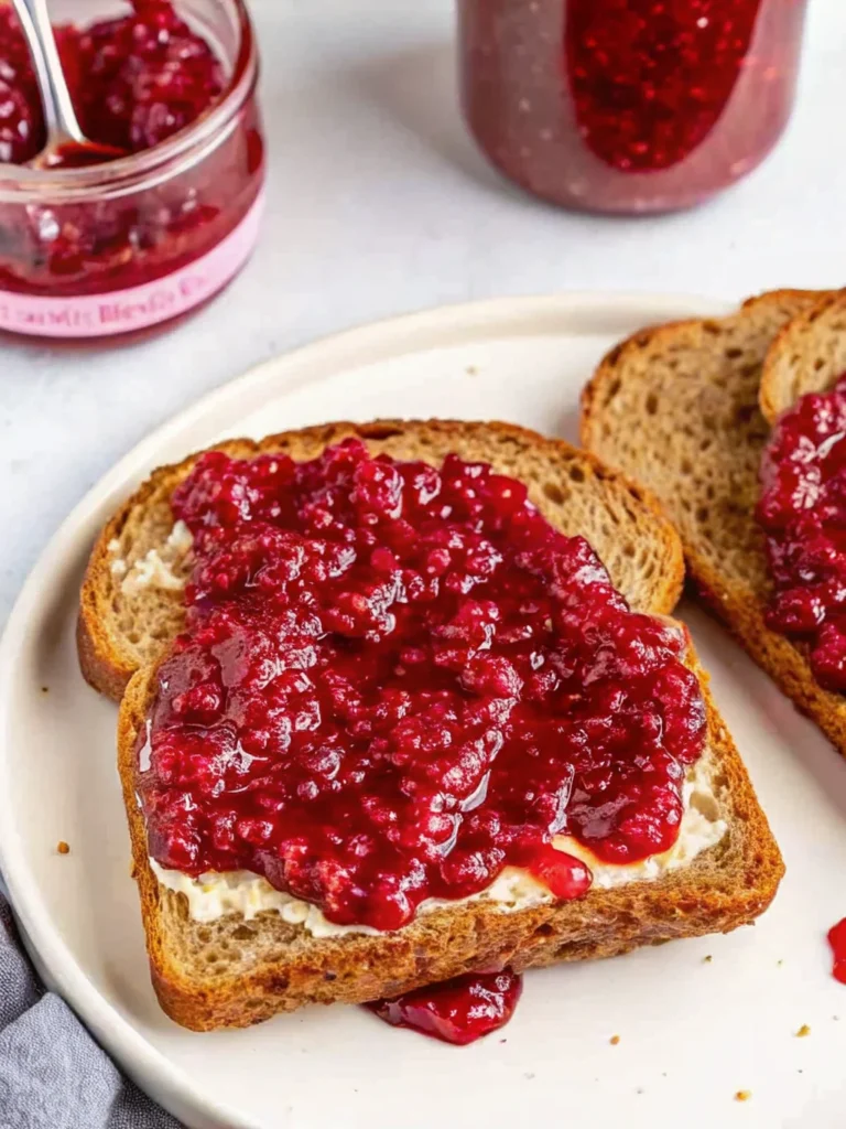 Homemade raspberry jam in a mason jar with spoon on a marble countertop