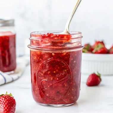 Homemade strawberry freezer jam in a glass jar with a spoon, surrounded by fresh strawberries on a white background.