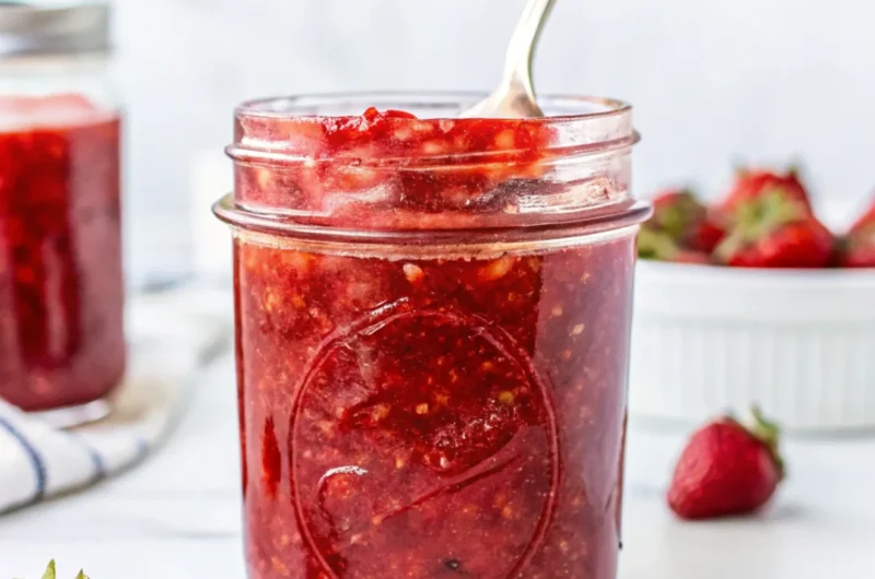 Homemade strawberry freezer jam in a glass jar with a spoon, surrounded by fresh strawberries on a white background.