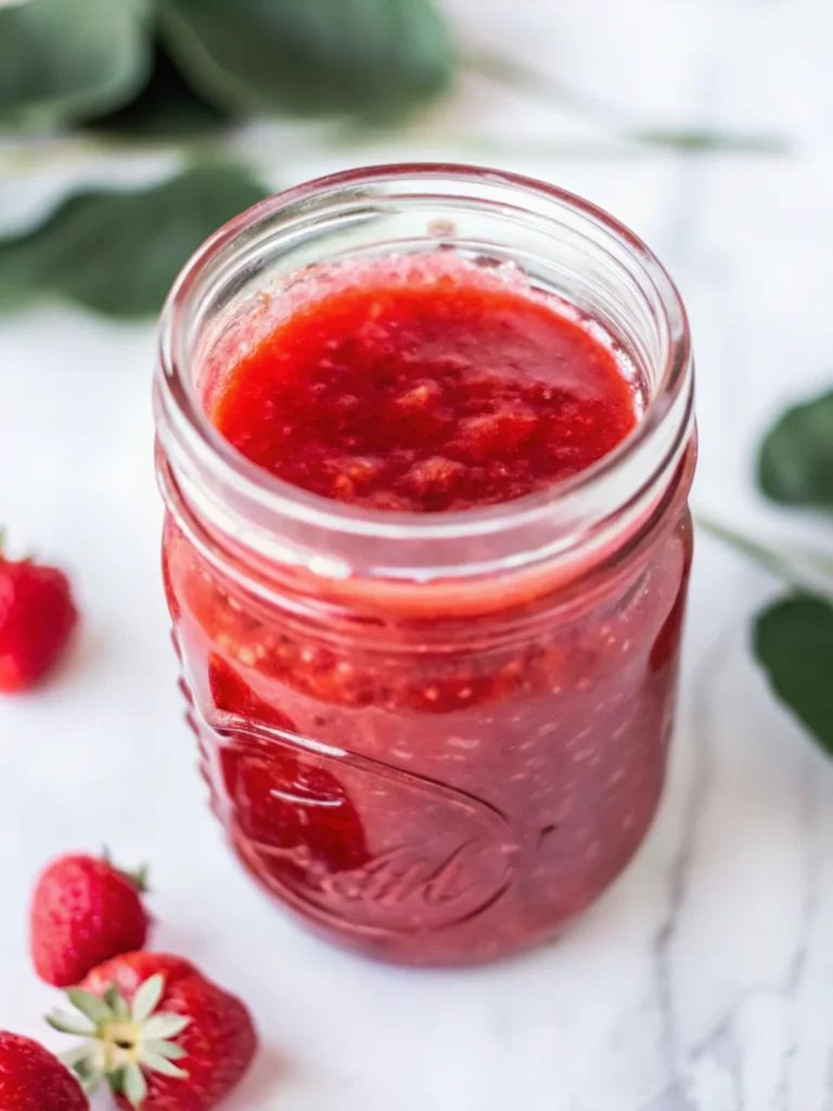 Homemade strawberry freezer jam in a glass jar with a spoon, surrounded by fresh strawberries on a white background.
