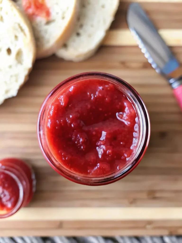Homemade frozen strawberry jam in mason jars with fresh strawberries on a marble countertop; a vibrant, sweet preserve made using frozen strawberries.