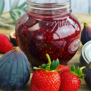 Jars of homemade Strawberry Fig Jam with fresh strawberries and figs.