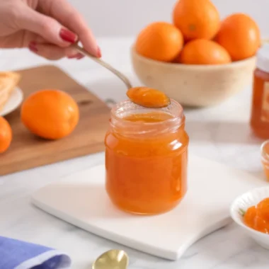 Homemade apricot jam in glass jars with fresh apricots and ingredients on rustic wooden table