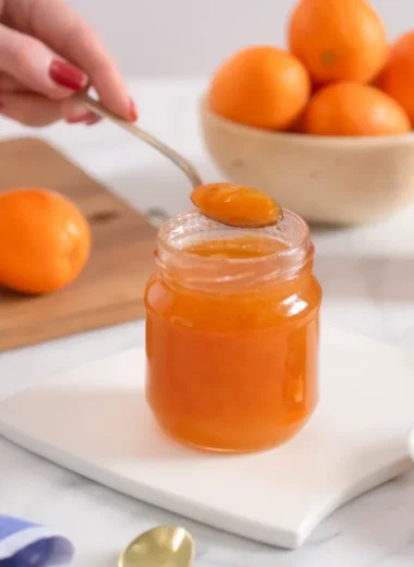 Homemade apricot jam in glass jars with fresh apricots and ingredients on rustic wooden table