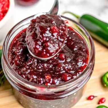 Cranberry Jalapeno Jam in a jar with a spoonful of jam on top, garnished with fresh jalapenos.