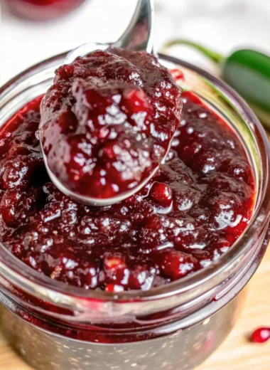 Cranberry Jalapeno Jam in a jar with a spoonful of jam on top, garnished with fresh jalapenos.
