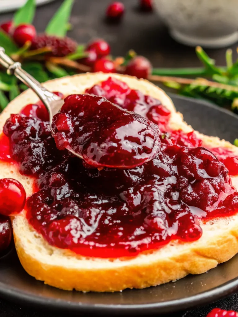 Cranberry Jalapeno Jam in a jar with a spoonful of jam on top, garnished with fresh jalapenos.