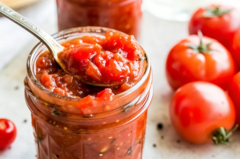Homemade tomato relish in a glass jar with a spoonful, surrounded by fresh tomatoes