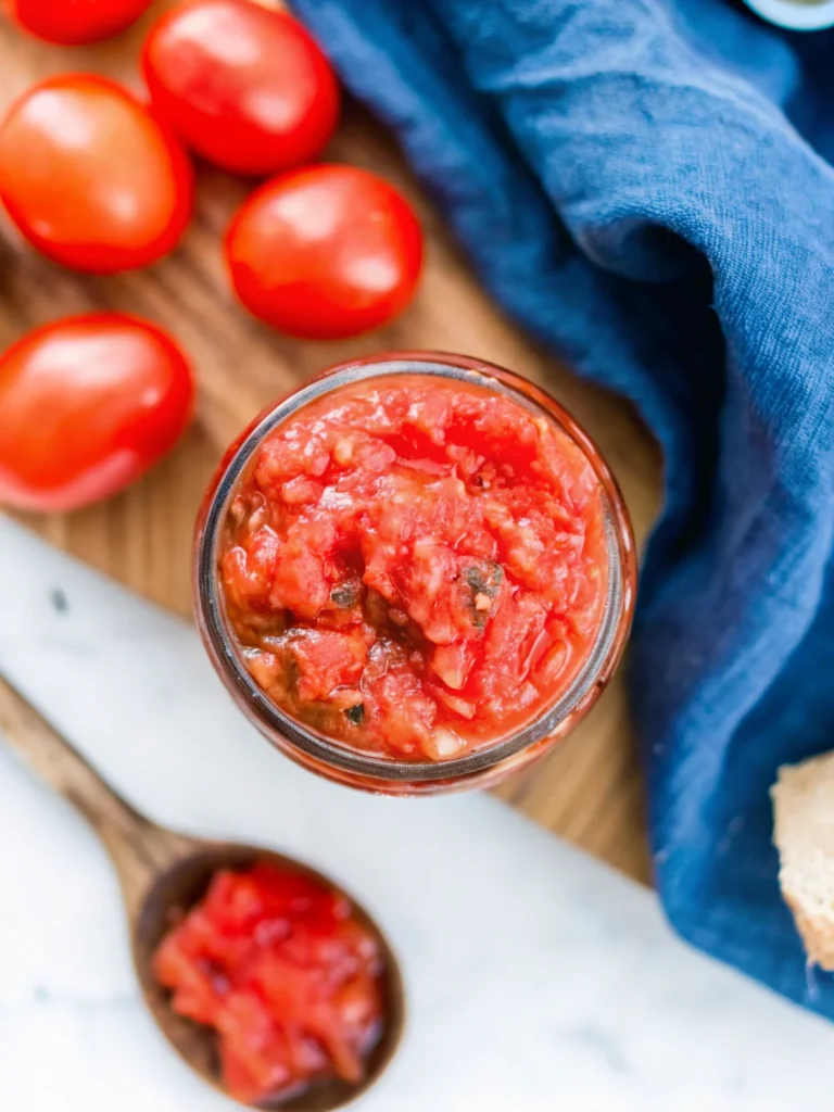Homemade tomato relish in a glass jar with a spoonful, surrounded by fresh tomatoes