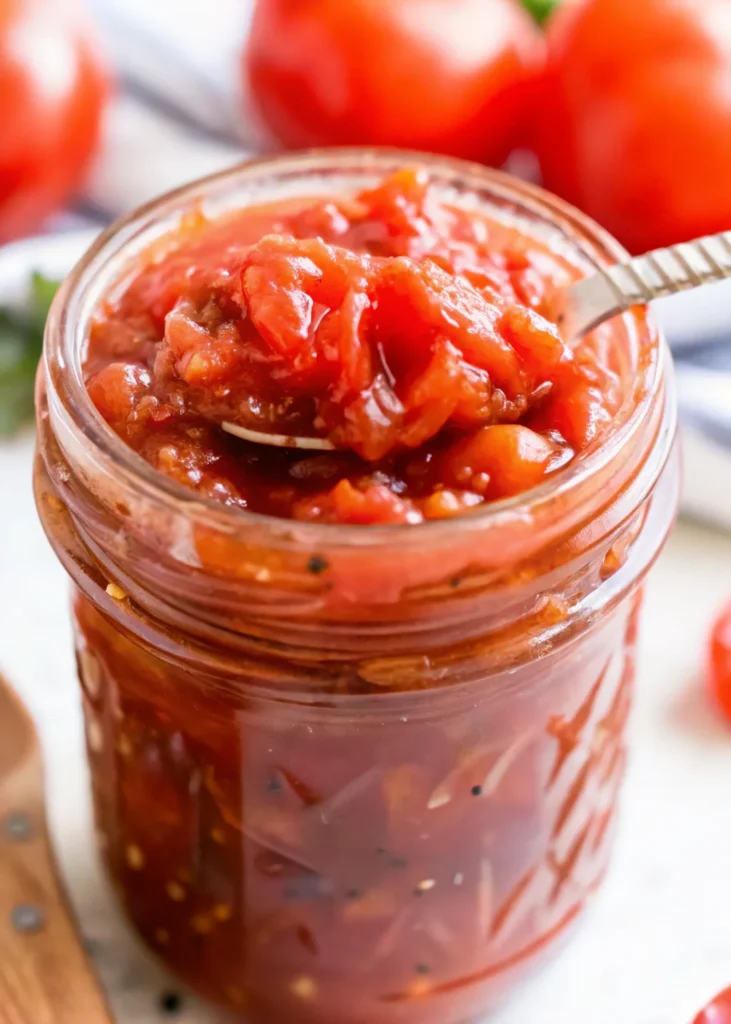 Homemade tomato relish in a glass jar with a spoonful, surrounded by fresh tomatoes