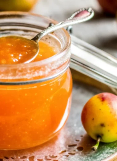 Homemade crab apple jam in glass jars with fresh crab apples and cinnamon stick on rustic wooden table