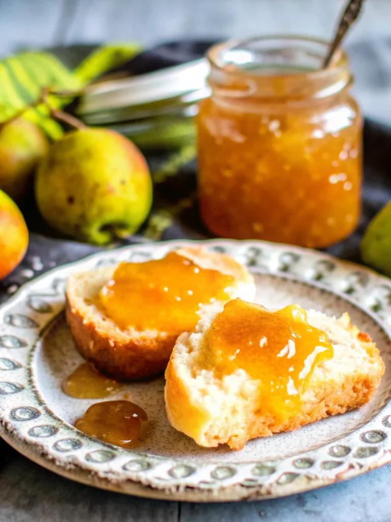 Homemade crab apple jam in glass jars with fresh crab apples and cinnamon stick on rustic wooden table