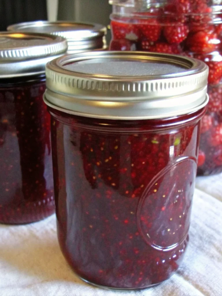 Homemade strawberry jam in glass canning jars with fresh strawberries and sugar on rustic wooden background