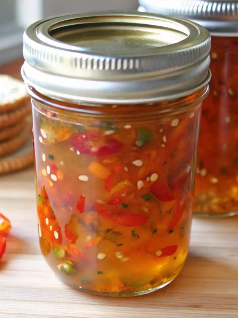 Homemade jalapeno pepper jam recipe with bell peppers in mason jars.