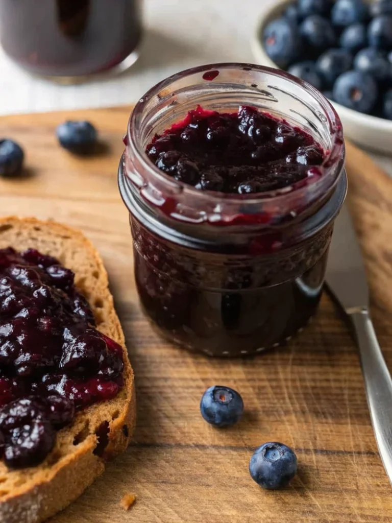Fresh huckleberry jam in glass jars with whole huckleberries scattered around, showing the deep purple color and smooth texture of this homemade huckleberry jam recipe