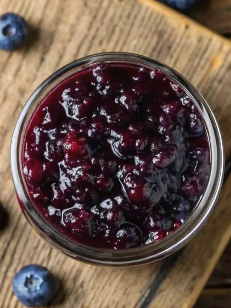 Fresh huckleberry jam in glass jars with whole huckleberries scattered around, showing the deep purple color and smooth texture of this homemade huckleberry jam recipe