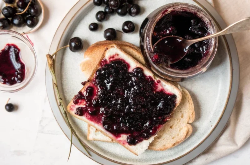 Homemade cherry jam recipe in glass jars with fresh cherries and wooden spoon on rustic kitchen counter