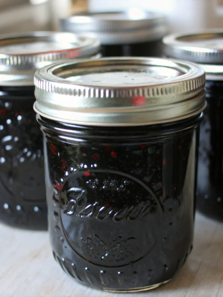 Homemade mixed berry jam recipe in glass jars with fresh strawberries, blueberries, and blackberries on rustic wooden table