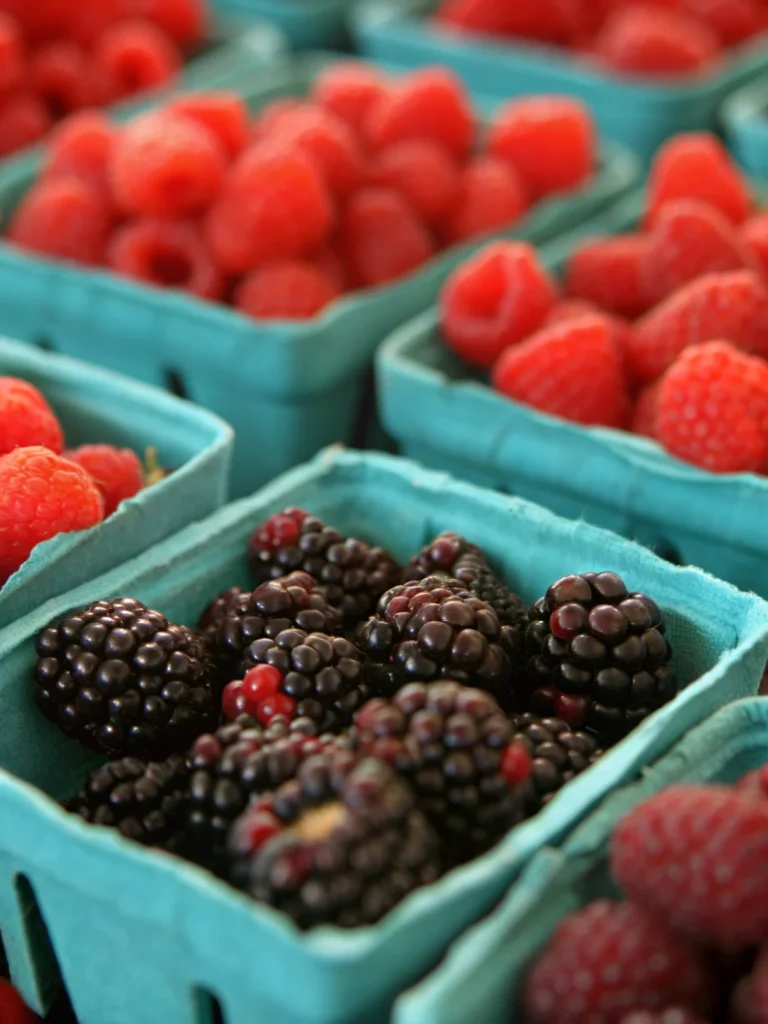 Homemade mixed berry jam recipe in glass jars with fresh strawberries, blueberries, and blackberries on rustic wooden table