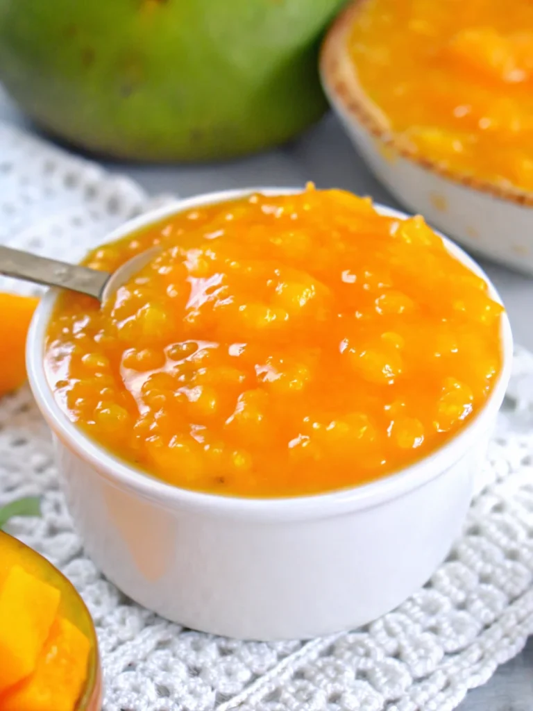Fresh homemade mango jam in glass jar with golden color and smooth texture, made from ripe mangoes following easy mango jam recipe