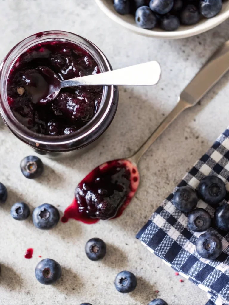 Homemade blueberry jam without pectin in glass jar with fresh blueberries scattered around wooden cutting board