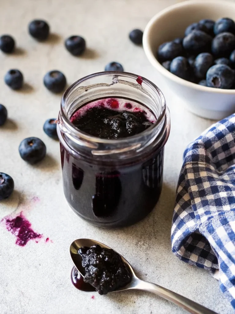 Homemade blueberry jam without pectin in glass jar with fresh blueberries scattered around wooden cutting board