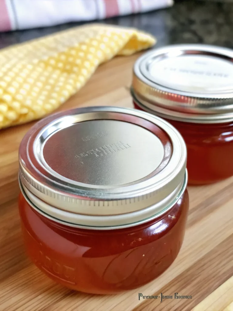Homemade guava jelly jam in glass jar with fresh pink guavas and spreading knife on wooden cutting board