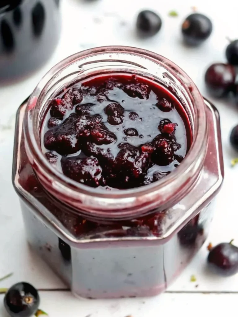 Homemade black currant jam recipe in glass jar with fresh black currants and ingredients on wooden table