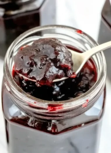 Homemade black currant jam recipe in glass jar with fresh black currants and ingredients on wooden table