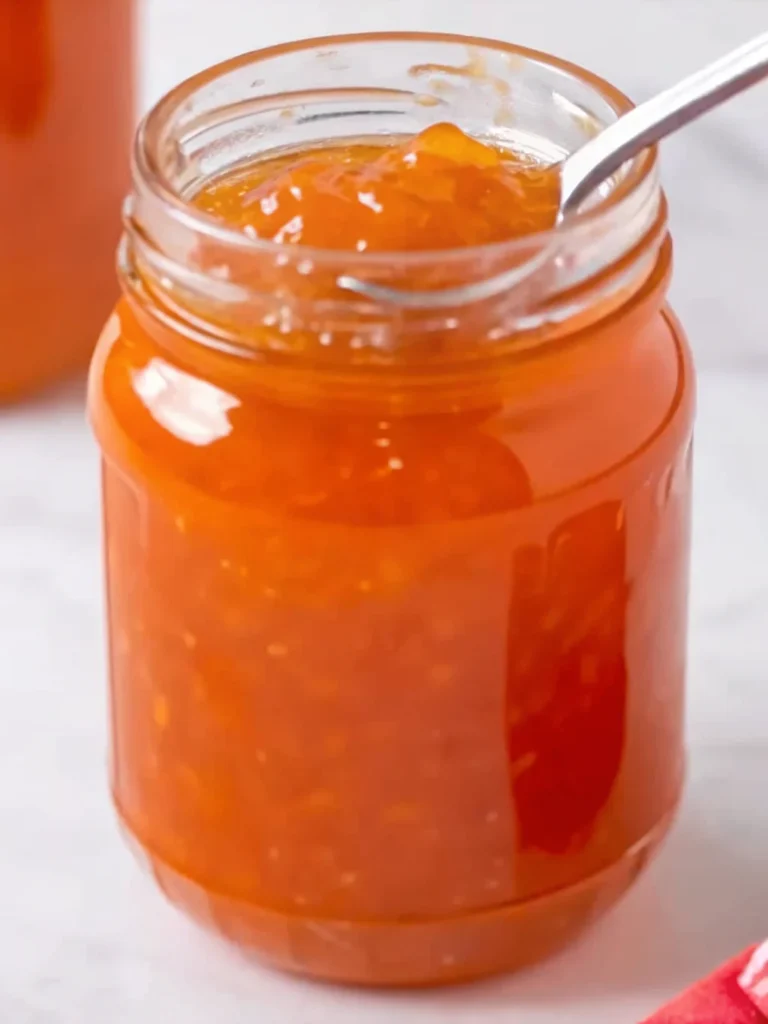 Homemade apricot jam in glass jars with fresh apricots and ingredients on rustic wooden table