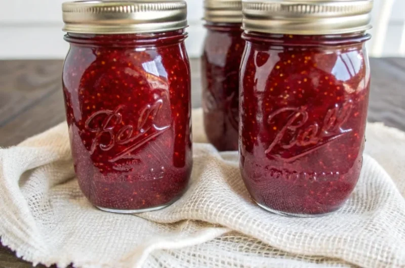 Easy homemade strawberry jam canning recipe showing fresh crushed strawberries, sugar, and pectin ingredients with mason jars and canning supplies for beginners