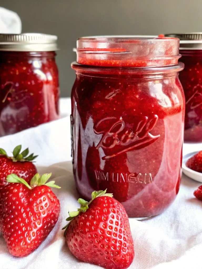 Homemade strawberry jam canning recipe showing fresh strawberries, sugar, and finished sealed jars of bright red strawberry preserves on wooden counter