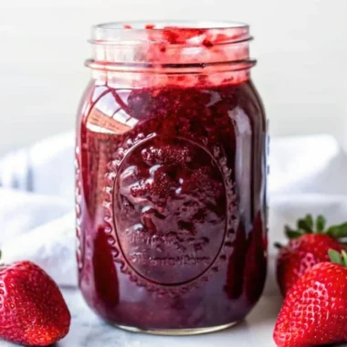 Homemade strawberry jam canning recipe showing fresh strawberries, sugar, and finished sealed jars of bright red strawberry preserves on wooden counter