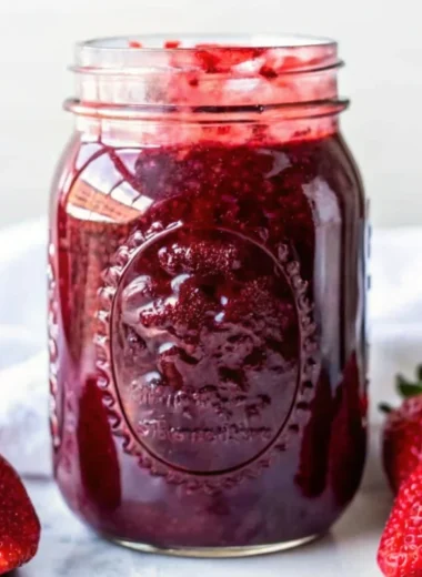 Homemade strawberry jam canning recipe showing fresh strawberries, sugar, and finished sealed jars of bright red strawberry preserves on wooden counter