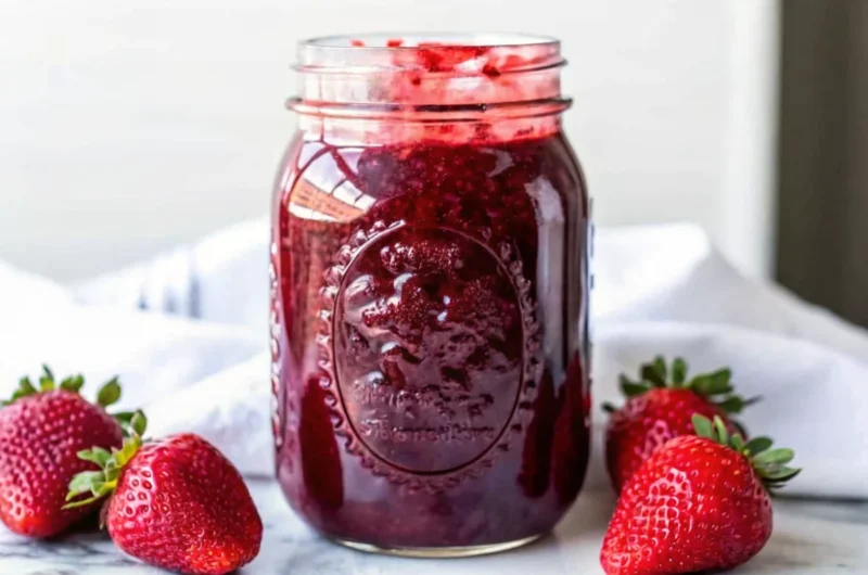 Homemade strawberry jam canning recipe showing fresh strawberries, sugar, and finished sealed jars of bright red strawberry preserves on wooden counter