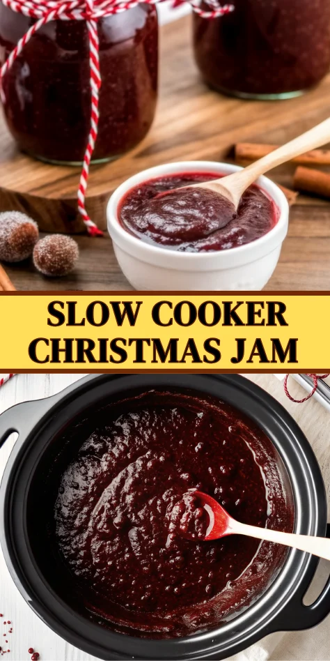 Slow Cooker Christmas Jam Recipe made with cranberries, strawberries, and festive spices