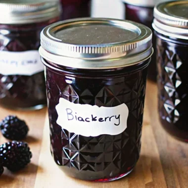 Homemade blackberry jam recipe without pectin in a glass jar with fresh berries.