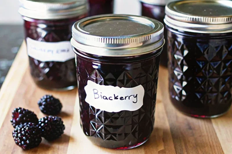 Homemade blackberry jam recipe without pectin in a glass jar with fresh berries.