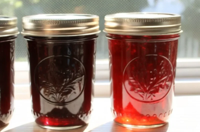 Homemade beach plum jam recipe in glass jars with fresh beach plums and wine ingredients on rustic coastal kitchen counter