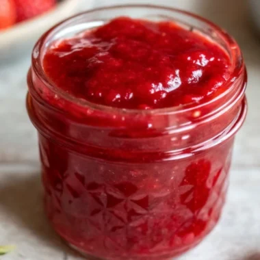 Homemade strawberry rhubarb jam in glass jar with fresh strawberries and rhubarb stalks, no pectin jam recipe