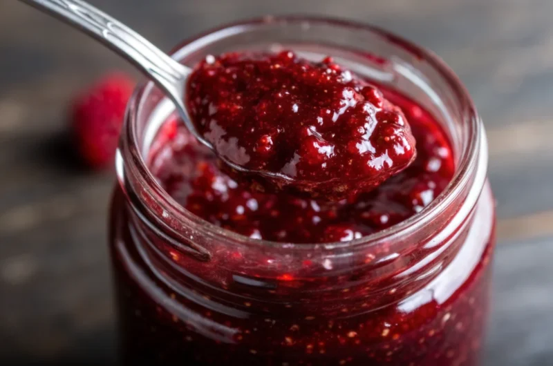 Homemade christmas jam recipes in glass jars with cranberries and strawberries on rustic wooden table with holiday spices