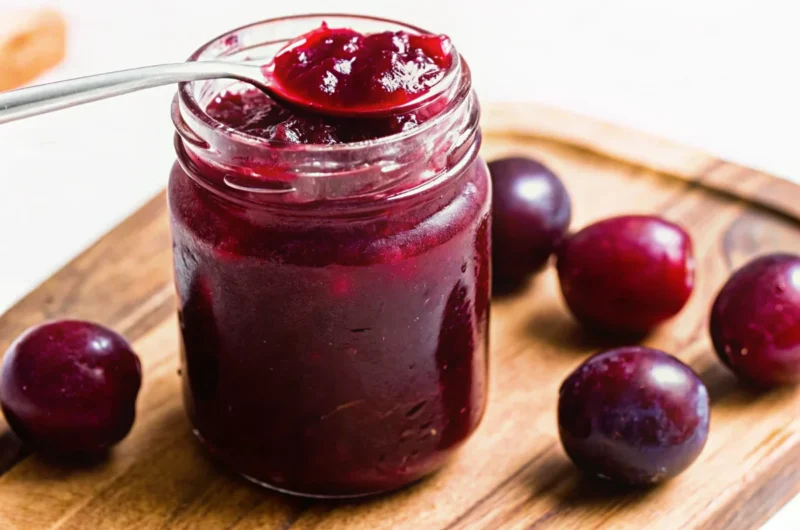 Fresh homemade plum jam without pectin in glass jars with golden color and chunky texture, featuring jam recipe ingredients including whole plums and lemon