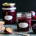 Homemade plum jam recipe with Sure-Jell pectin in mason jars with fresh plums and canning supplies