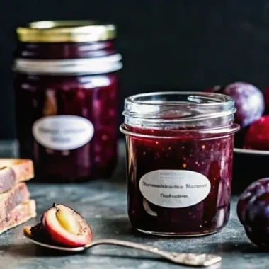 Homemade plum jam recipe with Sure-Jell pectin in mason jars with fresh plums and canning supplies